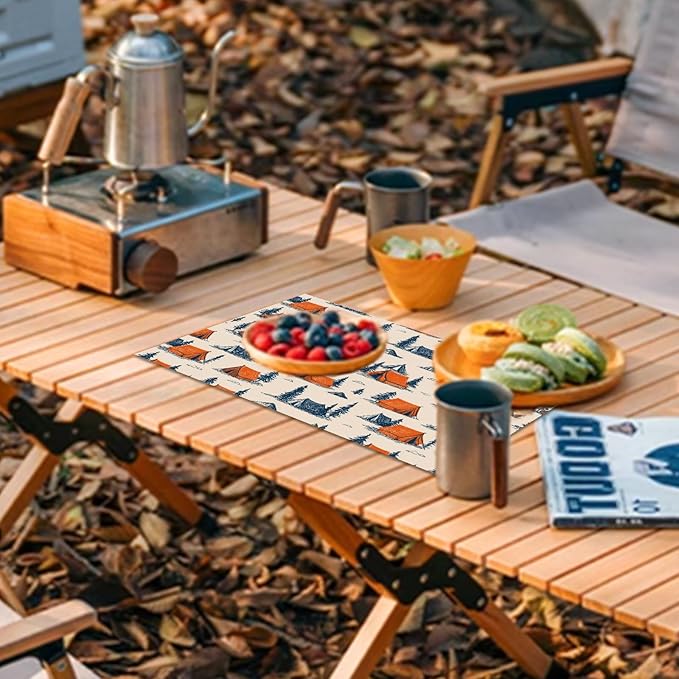 Tent & Pine Tree Dining Room Table Set for 4 Linen Fabric Washable Placemats Set of 4 Table Mats Table Place Mats Picnic Kitchen and Dining Decor for Indoor