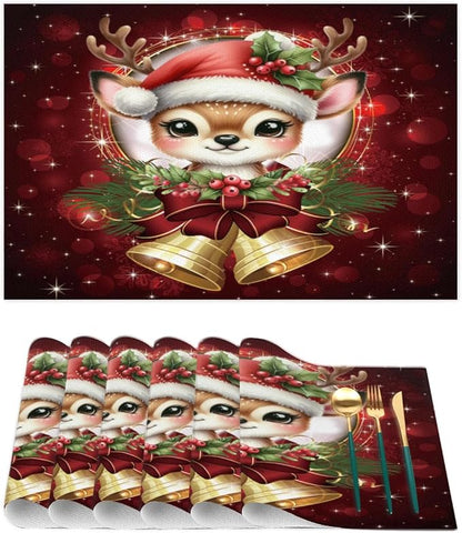 Christmas Xmas Bells Deer Placemats Set of 1 PVC Vinyl Non Slip Table Mats Heat Resistant Place Mats Washable Wipeable Dining Table Mat for Kitchen Decor Party Indoor Outdoor Decorative Gift