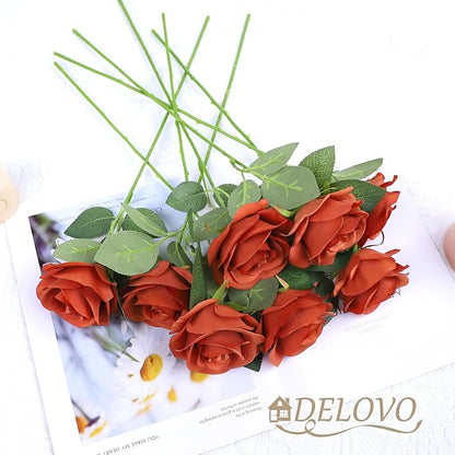 52pcs Burnt Orange Roses Artificial Flowers Fake Flowers Silk Roses with Stems for DIY Wedding Bouquets Bridal Shower Centerpieces Arrangements Party Decorations