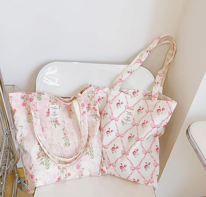 Cotton Canvas Tote Bag Reusable Soft Grocery Cloth Bag Floral Shoulder Bag for Beach Travel Shopping