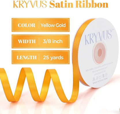 Double Faced Yellow Gold Satin Ribbon, 3/8 Inch X 25 Yards Polyester Ribbon for Gift Package Wrapping, Crafts, Bow Making, Sewing, Flower Bouquet, Wedding Party Decor