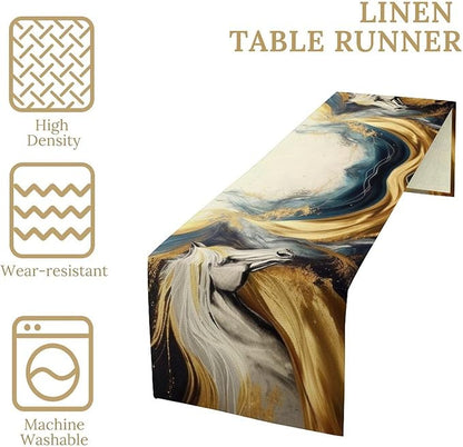 Marble Horse Table Runner, Dark Green Brown Marble Abstract White Horses Gold Natural Texture Dinner Runner Table Decoration for Home Kitchen Dining Holiday Party 13x36in