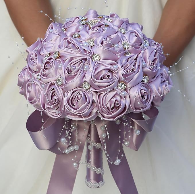 Bridal Wedding Bouquet Round Bling Brooch Bouquet Throw Toss Artificial Rose Flower Bunch for Bride Bridesmaid Wedding Quinceanera(Light Taro Purple, 6.3")