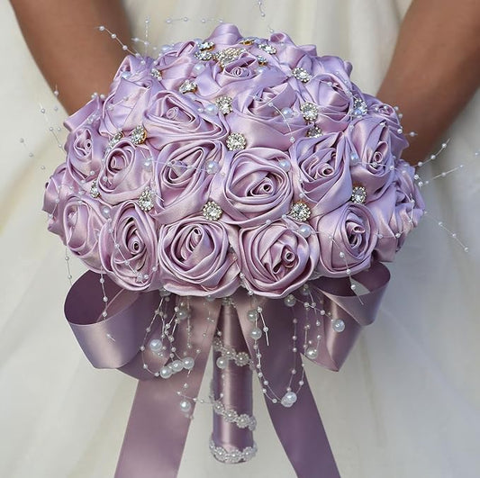 Bridal Wedding Bouquet Round Bling Brooch Bouquet Throw Toss Artificial Rose Flower Bunch for Bride Bridesmaid Wedding Quinceanera(Light Taro Purple, 6.3")