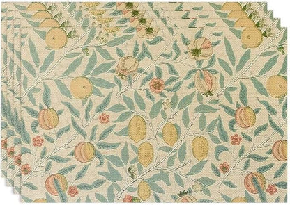 Vintage Floral Placemats Set of 4, William Morris Retro Fruit Boho Botanical Plant Place Mats, Heat Resistant Non Slip Cotton Linen Dining Table Mats for Home Kitchen Party 18x12 Inch