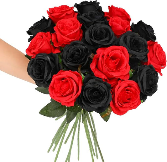 Tifuly Roses Artificial Flowers - 12 pcs Realistic Long Stem Fake Roses Mashup Style Silk Roses for DIY Bouquets Wedding Centerpieces Arrangements Home Party Decor(Black & Red)