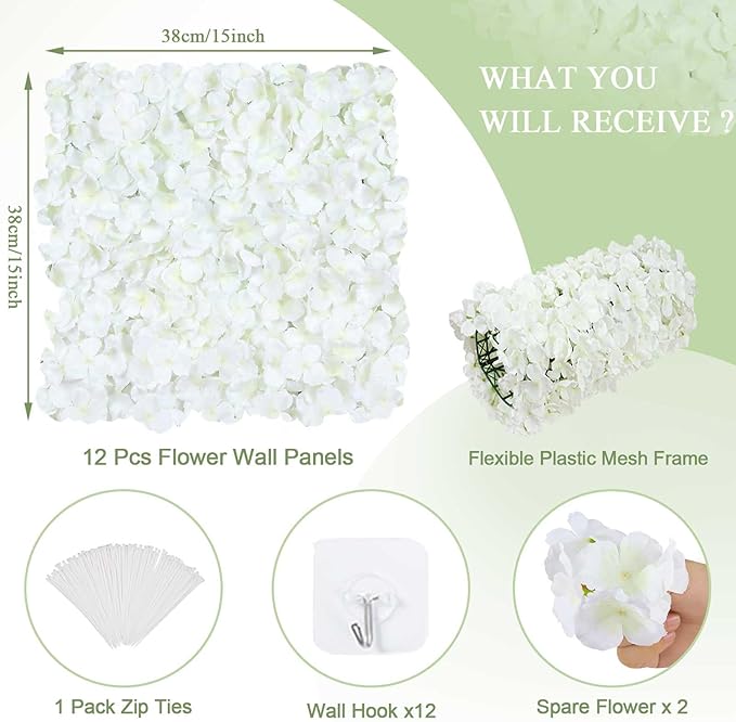 White Flower Wall Panels Backdrop with Green: Wedding Artificial Flower Wall Backdrop 3.75ft by 5ft Hydrangea Floral Wall for Anniversary Graduation Party Decoration (12 Pcs 15 x 15 Inch)