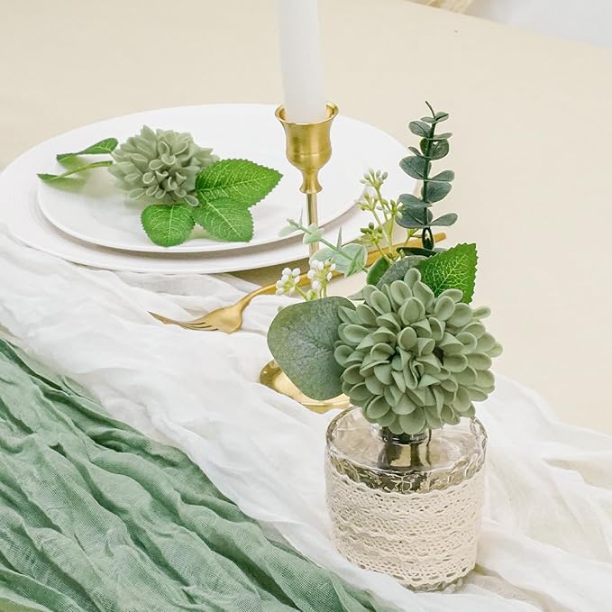 Artificial Flowers, 25pcs Sage Green Artificial Rose for DIY Wedding Bouquets Centerpieces Arrangements, Sage Green and White Dahlia Flowers with Stem for Bridal Shower Party Home Decorations