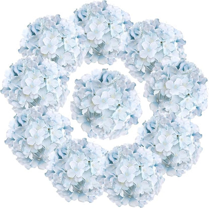 Fake Blue Hydrangea Artificial Flowers - Faux Silk Hydrangeas Flowers Heads with Stems Real Touch for Home Wedding Party Table Decor(Light Blue,Pack of 10)