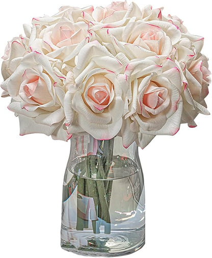 Artificial Roses Single Stem 10pcs Fake Silk Flower Arrangement Bouquet Real Touch for Home Party Wedding Decoration(Pink Edge)