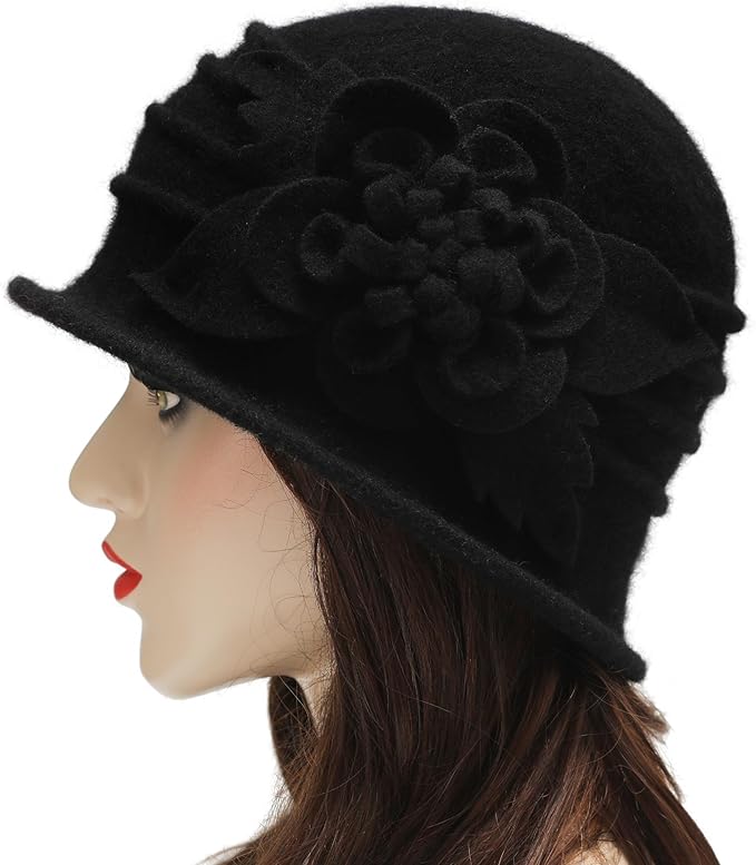 ZLYC Women Wool Cloche Bucket Hat 1920s Vintage Dress Winter Hats with Flower Accent