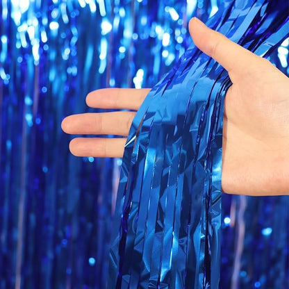 3 Pack 3.3x8.2 Feet Blue Foil Fringe Backdrop Curtains, Tinsel Streamers Birthday Party Decorations, Fringe Backdrop for Graduation, Baby Shower, Gender Reveal, Disco Party