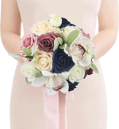 Rinlong Bridesmaids Bouquet Dusty Pink Navy Blue Artificial Wedding Bouquets for Bride Bridesmaid Silk Bouquet for Homecoming Prom