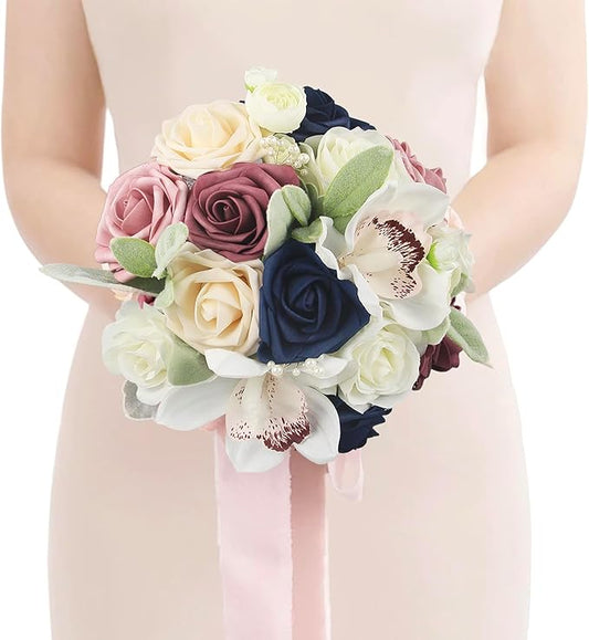 Rinlong Bridesmaids Bouquet Dusty Pink Navy Blue Artificial Wedding Bouquets for Bride Bridesmaid Silk Bouquet for Homecoming Prom