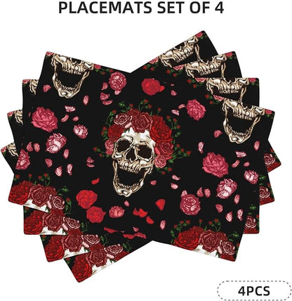 Placemats 4 pcs Skull Flower Double-Layer Imitation Linen Place Mats Non-Slip Heat-Resistant Tablemats for Home Restaurant Hotel 18×12 Inch
