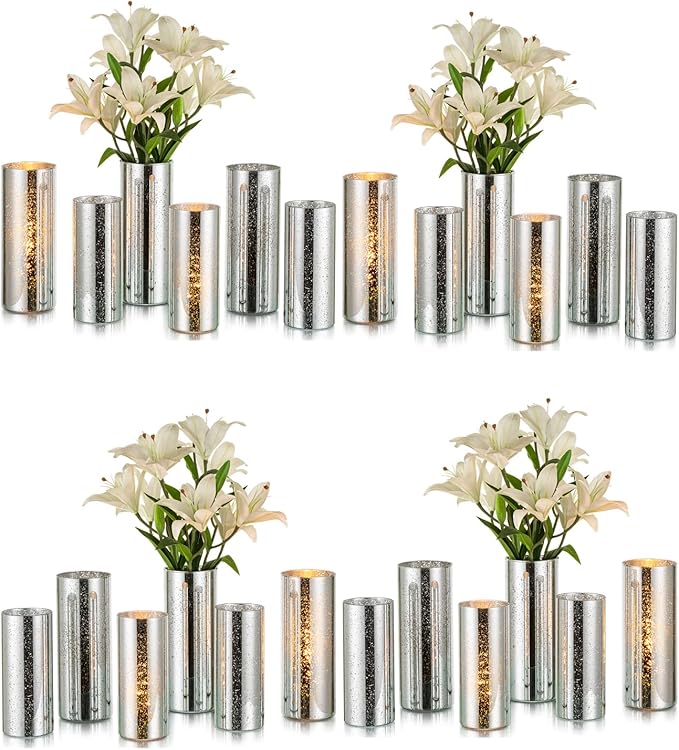 Glasseam Cylinder Vases for Centerpieces Bulk: Set of 24 Silver Mercury Glass Vases for Flowers Floating Candle Vases for Flowers Hurricane Candle Holders for Table Centerpiece Wedding Decor