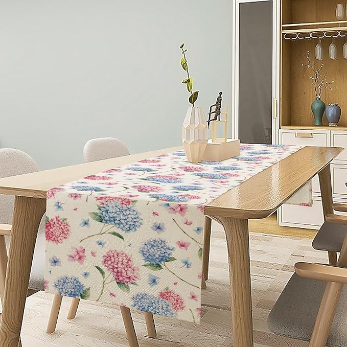Hydrangea Table Runner, Spring Summer Watercolor Blue Floral Seasonal Country Farmhouse Coffee Table Center Decor for Home Kitchen Dining Patio Holiday Party Table Decorations 13x90 inches