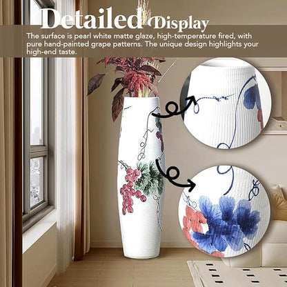 Tall White Floor Vase 32 inches, Thick Ceramic Rustic Vases Large for Home Decor Living Room, Painting Geen Grape Decorative Vases Wide Mouth Opening Corner Vase for Pampas Grass