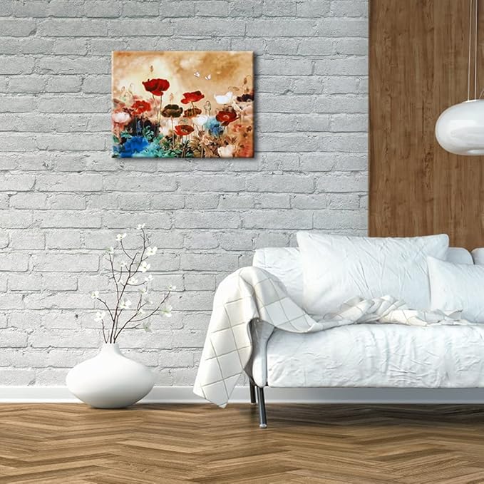 Wieco Art Blooming Poppies Canvas Prints Wall Art Colorful Flowers Pictures Paintings for Living Room Bedroom Bathroom Home Decorations Modern Stretched and Framed Pretty Floral Giclee Artwork