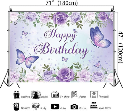 6x4Ft Butterfly Happy Birthday Backdrop Purple Butterfly Birthday Backdrops Decorations Girls Party Butterfly Photography Backdground Decoration Cake Table Banner