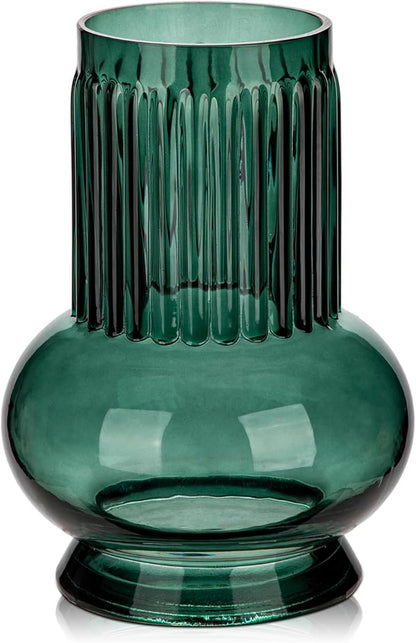 Blue Green Large Glass Vase for Flowers, 7" H x 3.5"/4.7" W Ribbed Vase Modern Wide Mouth Vase Flower Vases Decorative Glass Vases for Centerpieces Mantel Shelf Table Home Decor