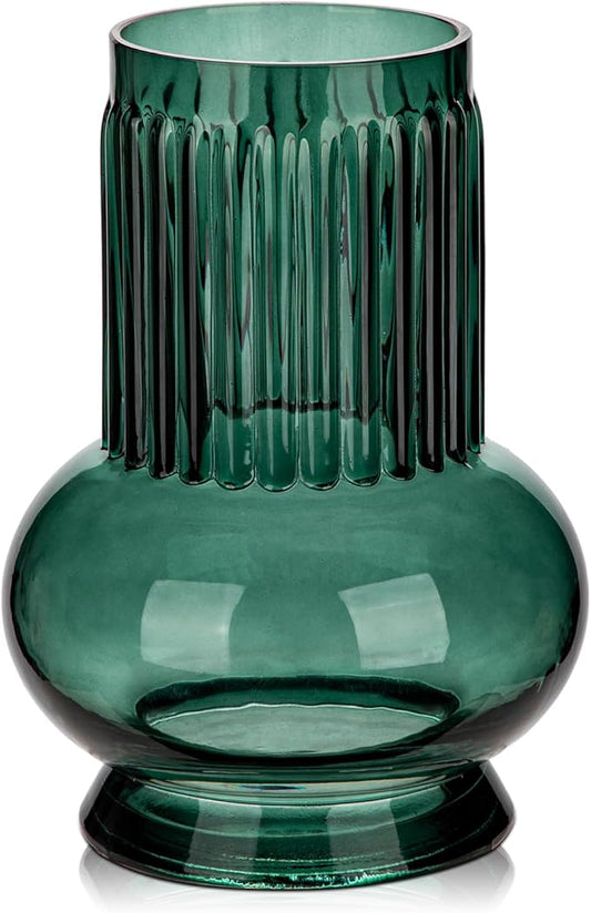 Blue Green Large Glass Vase for Flowers, 7" H x 3.5"/4.7" W Ribbed Vase Modern Wide Mouth Vase Flower Vases Decorative Glass Vases for Centerpieces Mantel Shelf Table Home Decor