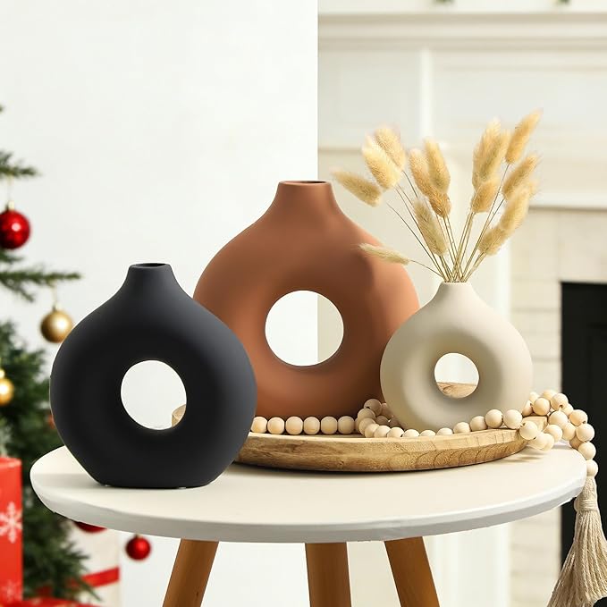 Ceramic Vase Home Table Decor - Flower Vases Set of 3 Small Living Room Centerpiece Decorations for Shelf Bedroom Office Kitchen Dining Desk Modern Aesthetic Farmhouse Decorative (Rust)