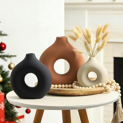 Ceramic Vase Home Table Decor - Flower Vases Set of 3 Small Living Room Centerpiece Decorations for Shelf Bedroom Office Kitchen Dining Desk Modern Aesthetic Farmhouse Decorative (Rust)