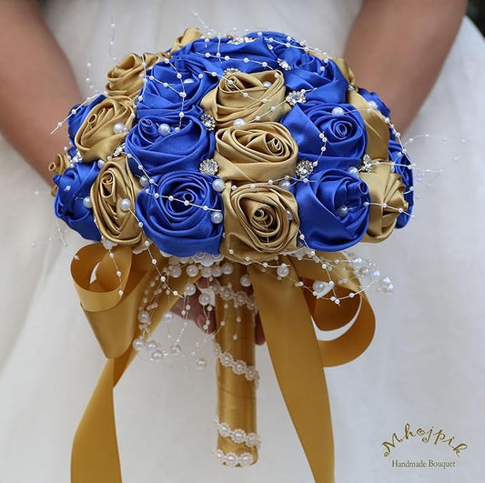 Bridal Wedding Bouquet Round Bling Brooch Bouquet Throw Toss Artificial Rose Flower Bunch for Bride Bridesmaid Wedding Quinceanera(Royal Blue & Gold, 9.8")