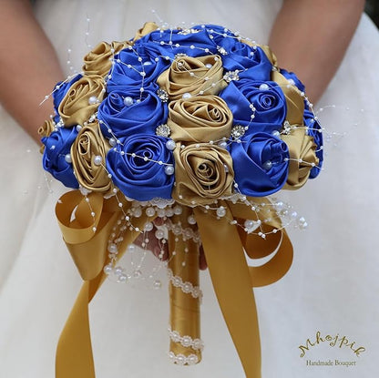 Bridal Wedding Bouquet Round Bling Brooch Bouquet Throw Toss Artificial Rose Flower Bunch for Bride Bridesmaid Wedding Quinceanera(Royal Blue & Gold, 6.3")