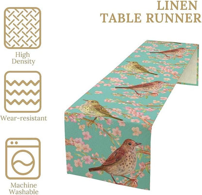 Table Runner with Flowers and Birds, Spring Plant Flowers Table Decoration Linen Table Runner Family Party Party Decorations 13x108 Inches
