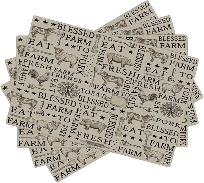 Farm Placemats, Cartoon Vintage Brown Windmill Farmhouse Cow Sheep Rooster Pig Animal Print Washable Fabric Placemats Table Kitchen Dining Party 12x18 Inch Set of 6