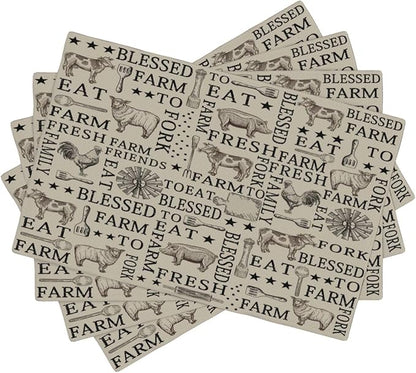 Farm Placemats, Cartoon Vintage Brown Windmill Farmhouse Cow Sheep Rooster Pig Animal Print Washable Fabric Placemats Table Kitchen Dining Party 12x18 Inch Set of 6