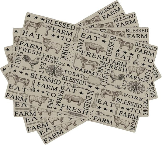 Farm Placemats, Cartoon Vintage Brown Windmill Farmhouse Cow Sheep Rooster Pig Animal Print Washable Fabric Placemats Table Kitchen Dining Party 12x18 Inch Set of 6