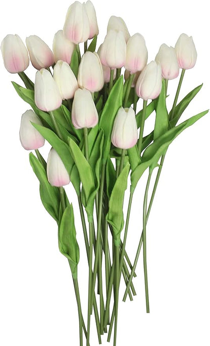 10-Heads Home Decor Mini Tulip Real Touch Tulip Artificial Flowers Bouquets for Home Wedding Party Centerpiece Decoration (Pink and White)