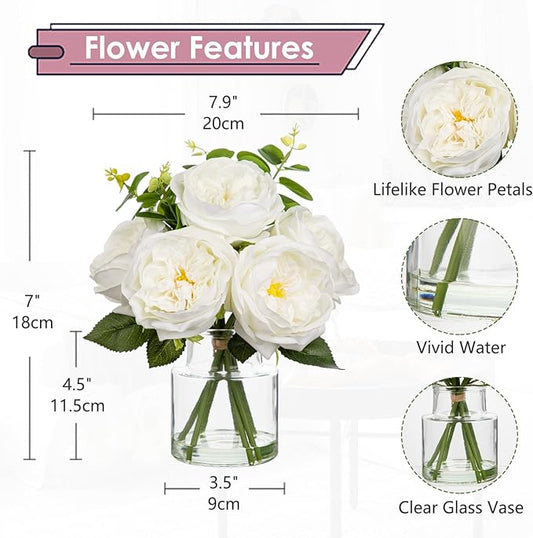 Hollyone Real Touch Peonies Artificial Flowers Arrangements in Vase White Fake Peonies with Glass Vase Silk David Austin Roses Faux Flowers with Clear Faux Water Bouquet Table Centerpiece Home Decor