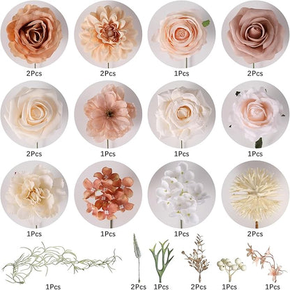 Artificial Flowers Combo, Mix Silk Flowers Roses, Peonies, Dahlias with Stems for DIY Wedding Bridal Bouquet, Baby Shower, Table Centerpieces, Home Decor, Fake Floral Arrangements-Boho Nude