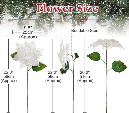 10" Poinsettia Flower Artificial for Christmas Tree Decor, 3 Pcs Faux Glitter Poinsettias Stems for DIY Xmas Wreath & Garland, Christmas Ornaments for Home Party, Holiday & Wedding Decorations, White