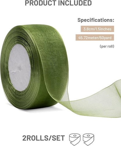 2 Roll Saga GreenOrganza Ribbon 1.5 Inch - 100 Yards for Wedding Gift Wrapping, Invitations & Party Decoration