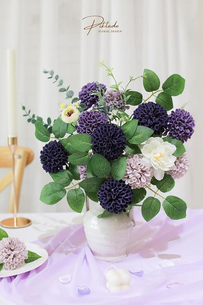 Artificial Wedding Dahlia Flowers 25 pcs Fake Roses with Stem for DIY Wedding Decor Centerpieces Arrangements Bouquets (Shades of Purple)