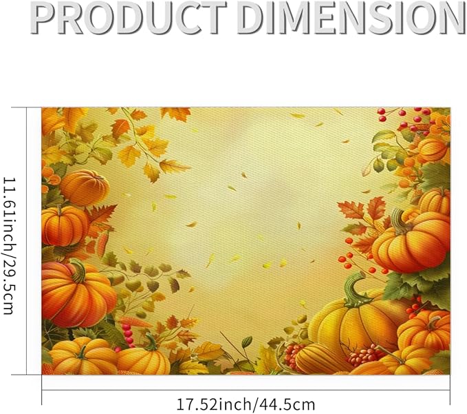 Thanksgiving Fall Yellow Pumpkin Placemats Set of 4 PVC Vinyl Non Slip Table Mats Heat Resistant Place Mats Washable Wipeable Dining Table Mat for Kitchen Decor Party Indoor Outdoor Decorative Gift