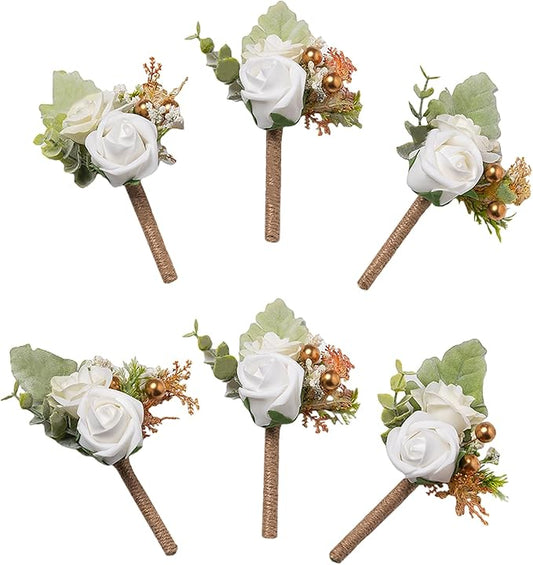 Meldel White Boutonniere for Men Wedding,Set of 6,Groom and Groomsman Boutonniere for Wedding,Greenery Rose Corsage for Men Ceremony Anniversary Party Prom Homecoming