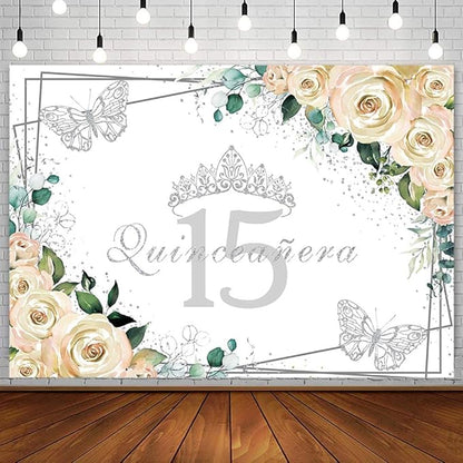 Sendy 7x5ft Quinceañera Backdrop Mis Quince 15 Anos Birthday Party Decorations Supplies for Girl Princess White Floral Silver Crown Butterfly Photography Background Banner Photo Booth Studio Props