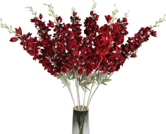 8pcs Red Delphinium Artificial Flowers 33.5in Long Stem Larkspur Fake Silk Flowers for Tall Vase Faux Flowers for Home Wedding Baby Shower Floral Arrangement Centerpiece Table Decor (Dark Red)