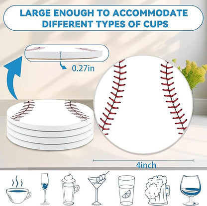 Baseball Round 4" Cup Coasters Set of 4, Absorbent Ceramic Stone Coasters with Cork Base, Ideal Gifts for Home Decor