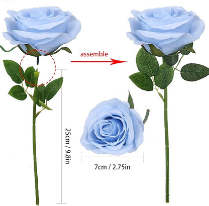 Felice Arts 12 Pack Light Blue Artificial Flowers with Stems Silk Roses Fake Flowers Bouquet for Wedding Centerpiece Table Vase Home Kitchen Party DIY Decor