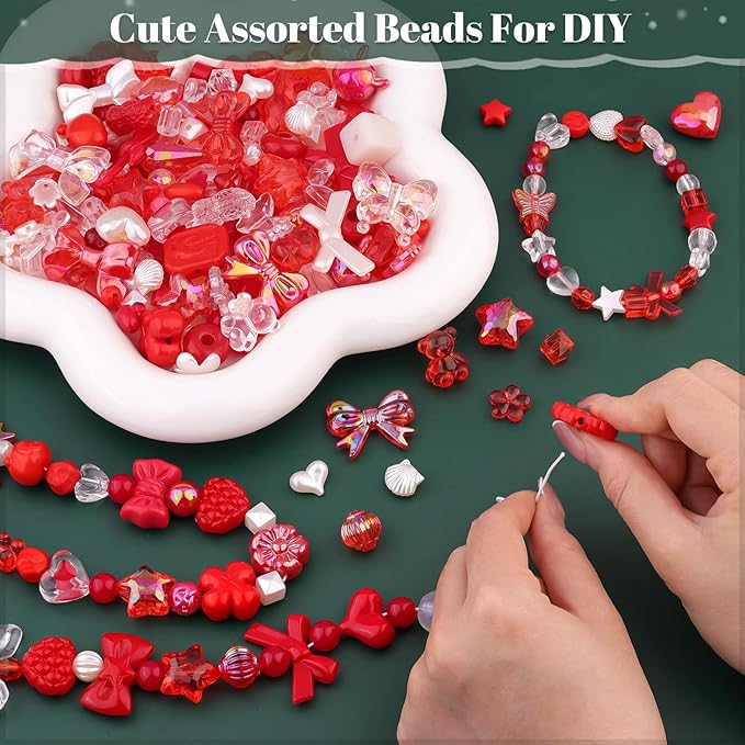 Assorted 200-260PCS Red Acrylic Beads for Bracelet Making, Flower Bow Candy GummyBear Bracelet Charms,Cute Beads for Jewelry Making DIY Necklace Keychain Phone Charm Christmas Gift