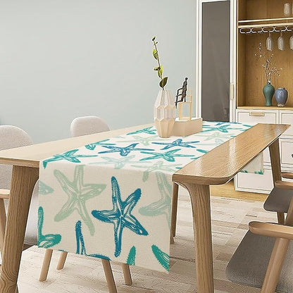 Starfish Plaid Table Flag Green Plaid and Marine Life Starfish Kitchen Table Flag Suitable for Birthday Party Restaurant Decoration Outdoor Picnic 13 * 60 Inch