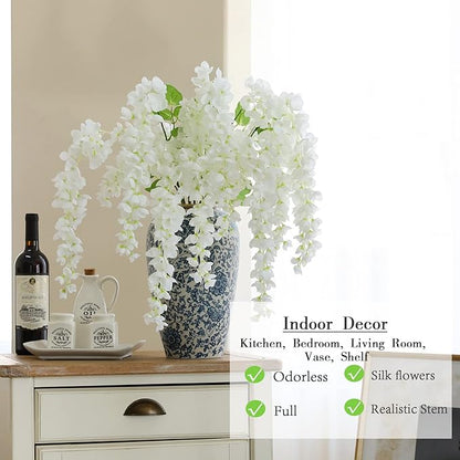 Dailisen 3 Strands 40'' Silk White Wisteria Artificial Flowers, Fake Wisteria Floral Hanging Plant Garland, for Home Decor, Party, Floor Vase, Balcony, Wedding Arrangement Decoration (White)