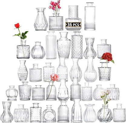 Glass Bud Vases Set of 36PCS, Small Flower Vases for Wedding Centerpiece Table Decoration, Vintage Vase in Bulk for Flower Arrangements, Mini Vase for Birthday Party, Festival Home Decor,Clear
